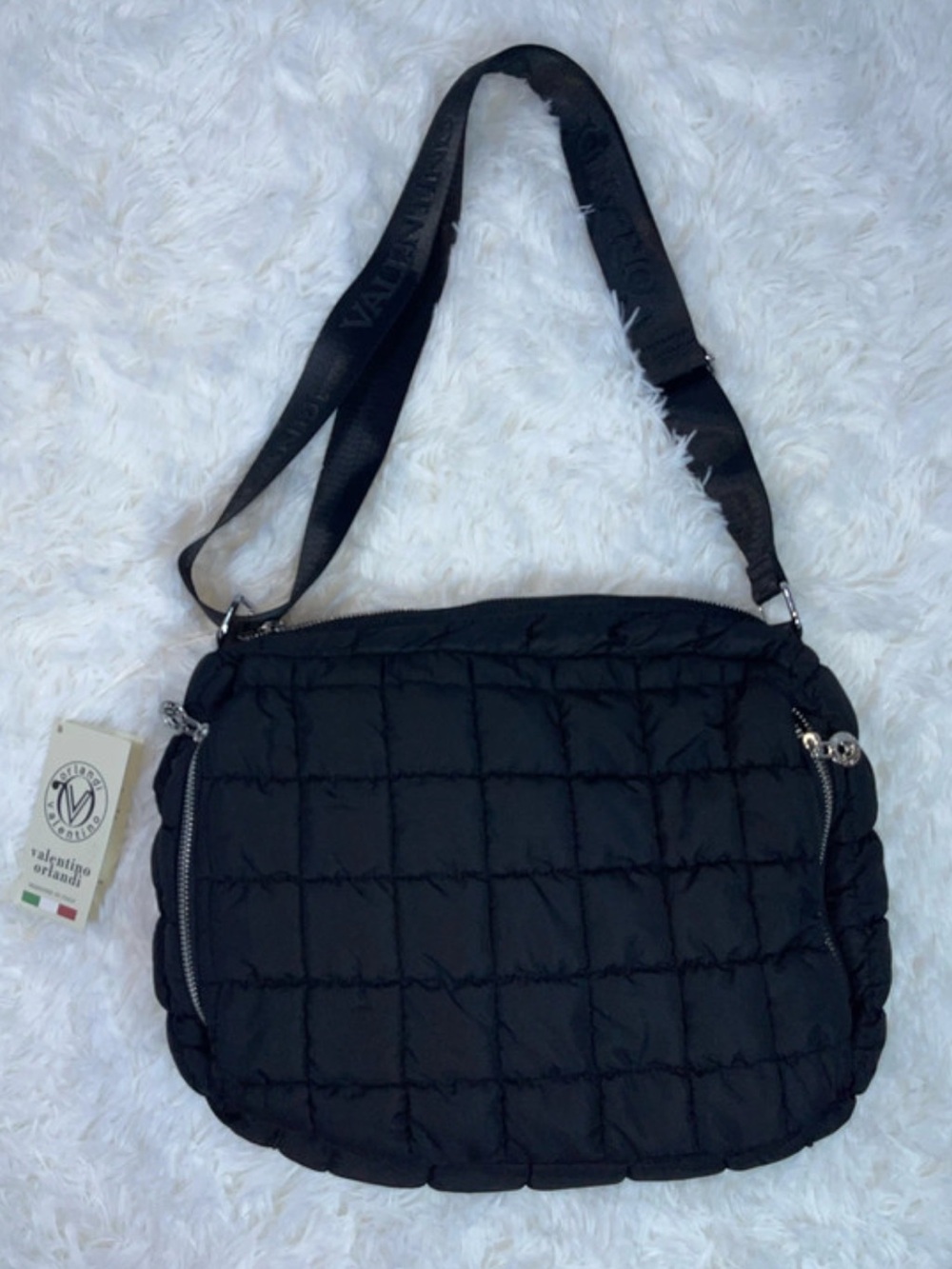 Valentino Orlandi Black Quilted Crossbody Bag with Wide Logo Strap